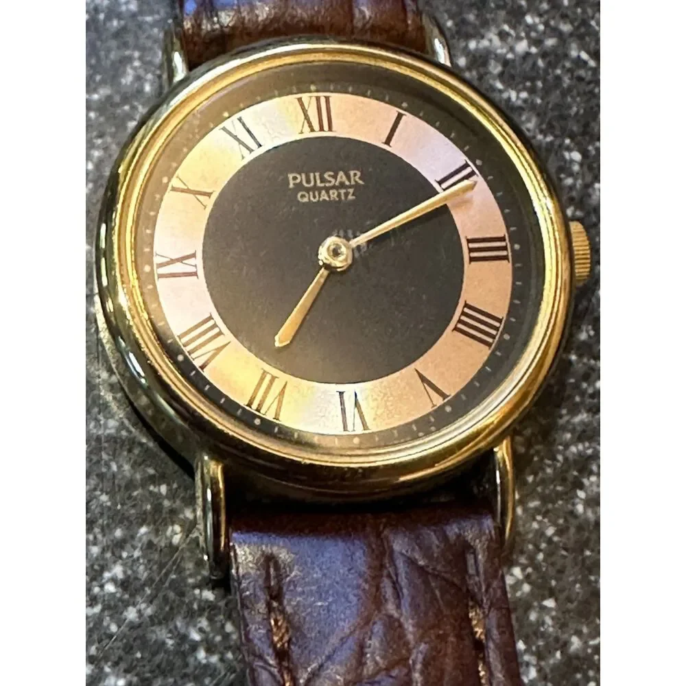 Vintage Pulsar Quartz Gold Tone Womens Watch V810-0270 Brown Leather Strap